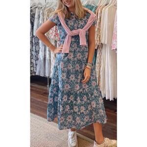 Madison Mathews Folly Floral Blue Pink Tiered Midi Dress Large Cottage Flowy